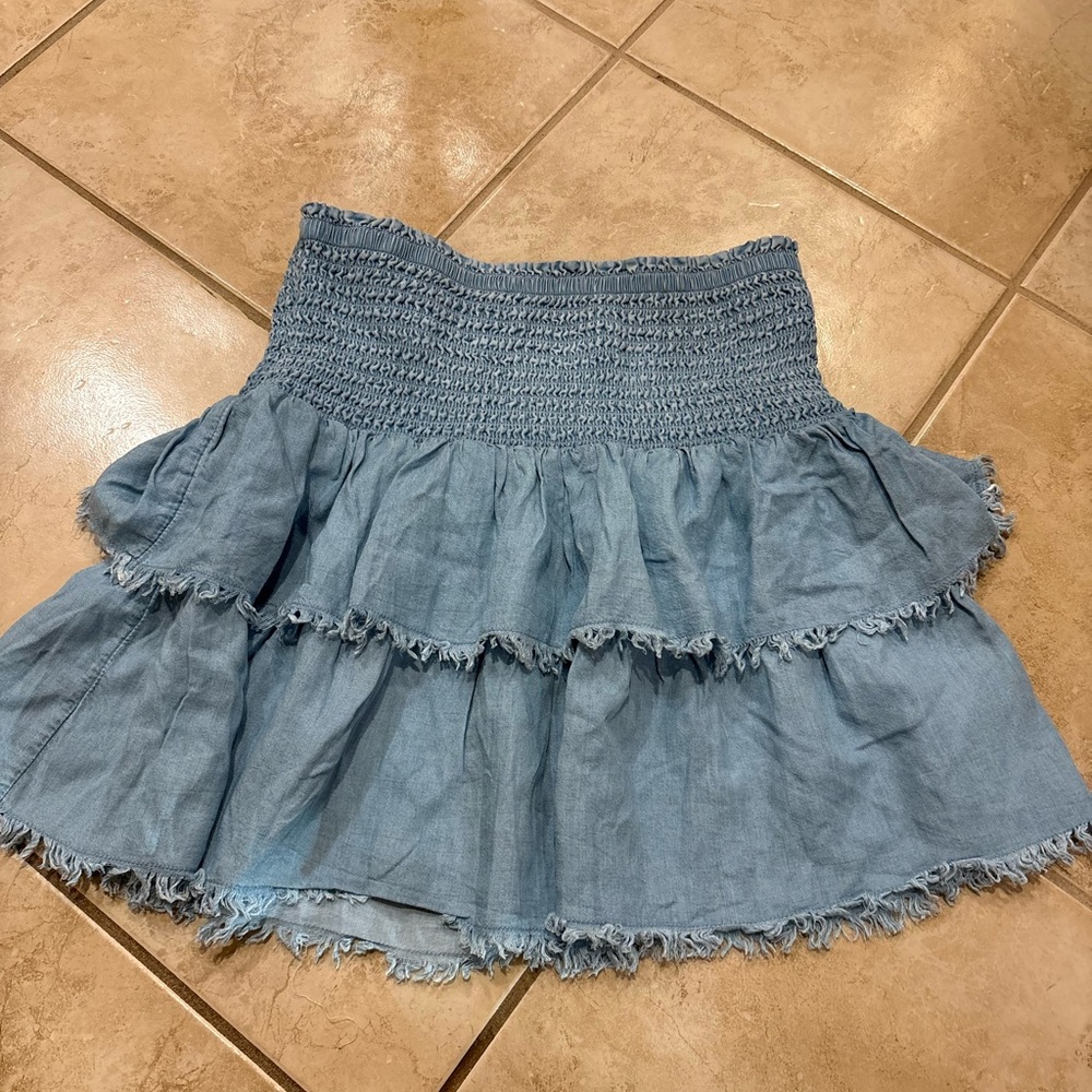 aerie Light Blue Smocked Tiered Denim Skirt